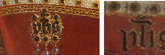 IHS brooch - Jane Seymour, Queen of England, by Hans Holbein the Younger (detail) and miniature portrait of Katherine of Aragon (detail of NPG 4682)