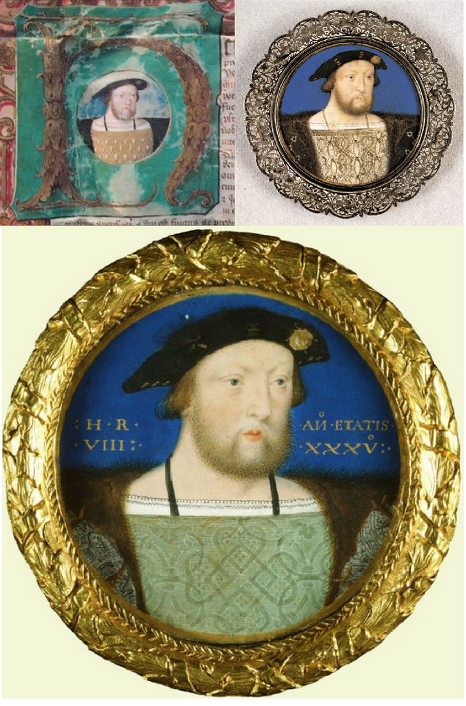 Henry VIII – Three versions of the same miniature – Miniature of Henry VIII from Letters Patent for Thomas Foster – Louvre Miniature of Henry VIII – One of the Royal Collection's Miniature of Henry VIII (RCIN 420640)