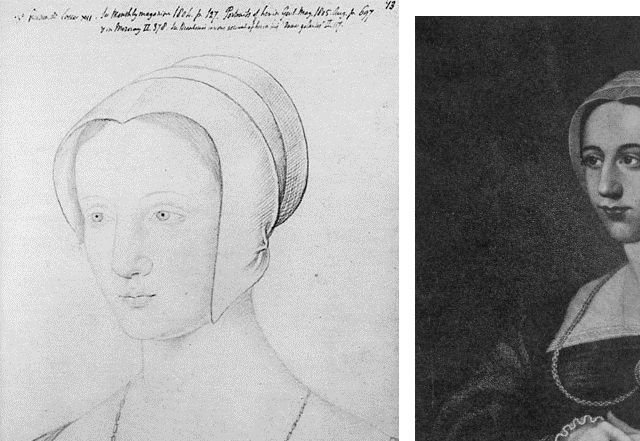 The authenticated sketch of Mary during her brief period as queen of France side by side with the purported engraving of Katherine Parr