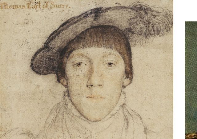 Henry Howard, Earl of Surrey, sketch by Holbein side by side with a rendering of the Toledo portrait