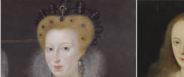 Margaret Howard, Baroness Scrope (1543-1591) and Frances Howard, Duchess of Richmond (1578-1639) were first cousins. Frances Howard, Countess of Somerset (1590-1632), was a distant relation of the two others. All of them alike enough to be sisters.