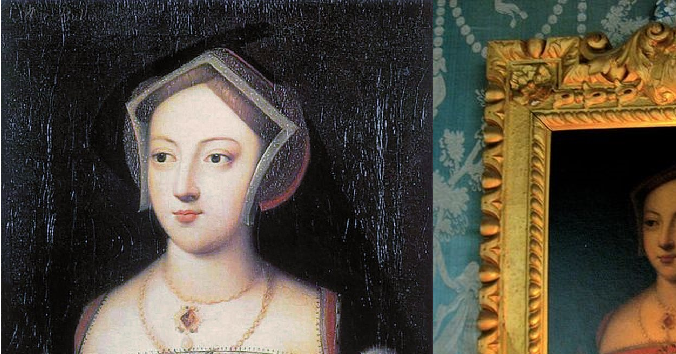 The traces of the vignettes can be easily spotted on the Hever version and the Warwick version too of the original portrait of Mary Boleyn if you know to look for it