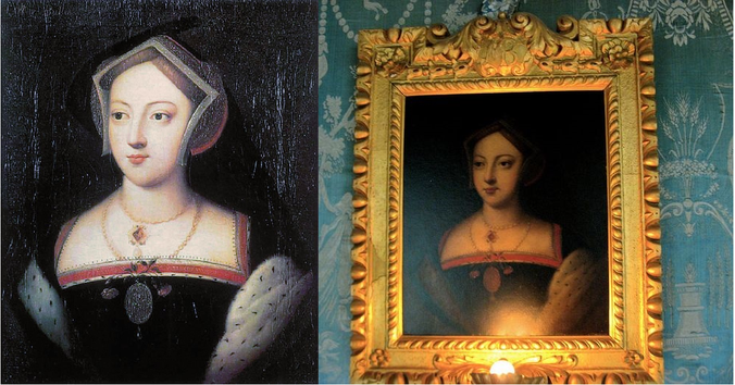 The traces of the vignettes can be easily spotted on the Hever version and the Warwick version too of the original portrait of Mary Boleyn if you know to look for it