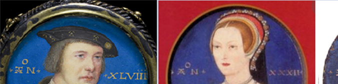 Four miniatures from the Tudor Era with precisely the same limnings. From the left suggested identifications have included – Thomas Boleyn, Katherine Parr, Amy Robsart, and Anne Boleyn.