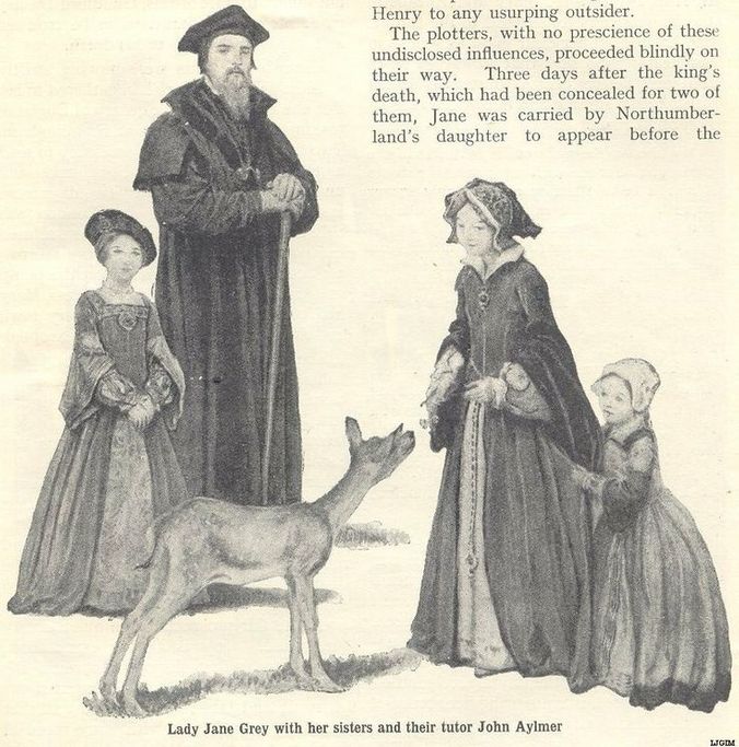Lady Jane Grey, Lady Katherine Grey and Lady Mary Grey with their tutor John Aylmer (illustration)