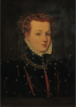 Called Portrait a lady, bust-length, in a black dress and gold necklace with jewel encrusted head-dress by Follower of Frans Pourbus the Elder