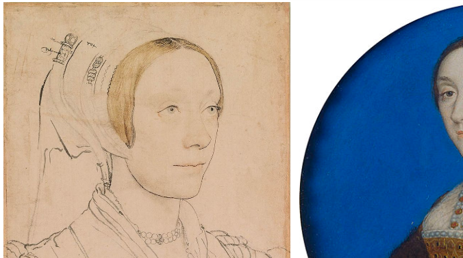 Holbein's sketch of an unidentified woman side by side with the Windsor version of the Holbein miniature of Katherine Howard