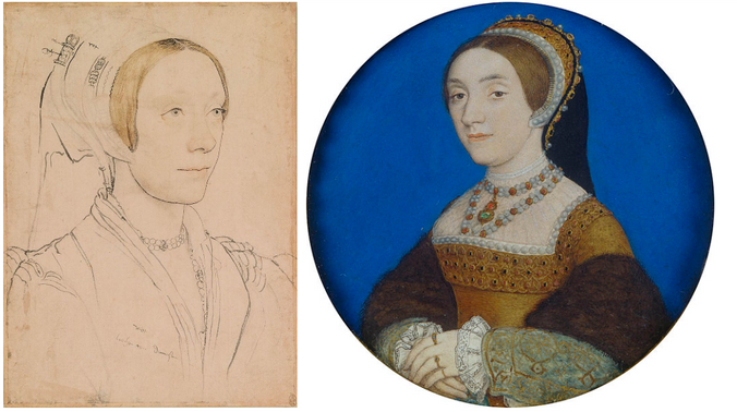 Holbein's sketch of an unidentified woman side by side with the Windsor version of the Holbein miniature of Katherine Howard