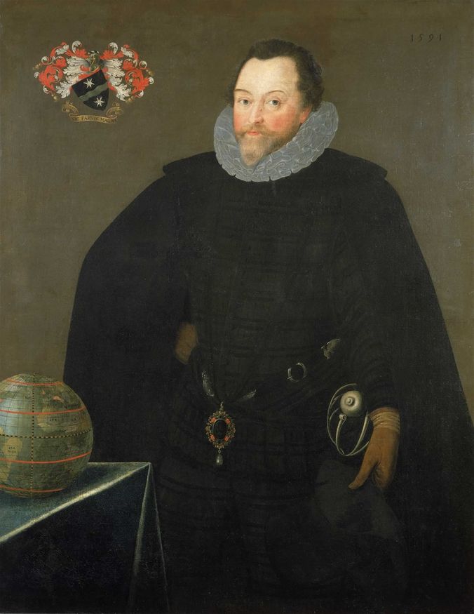 Sir Francis Drake wearing the Drake Jewel or Drake Pendant at his waist, 1591, by Marcus Gheeraerts the Younger