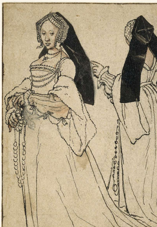 Two views of a lady wearing an English gable hood