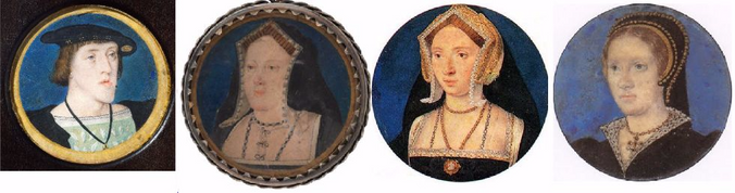Charles V. Portrait Miniature by Lucas Horenbout, about 1525-30, watercolour on vellum, remounted onto modern card. Museum no. P.22-1942, © Victoria and Albert Museum, London (http://web.archive.org/web/20160108000245/http://www.vam.ac.uk/content/articles/h/a-history-of-the-portrait-miniature/) - Katherine of Aragon - Anne Boleyn - Katherine Parr